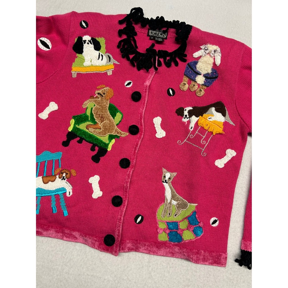 Berek Vintage Pink Dog Cardigan Sweater Embroidered 3D Novelty Fringe Trim M